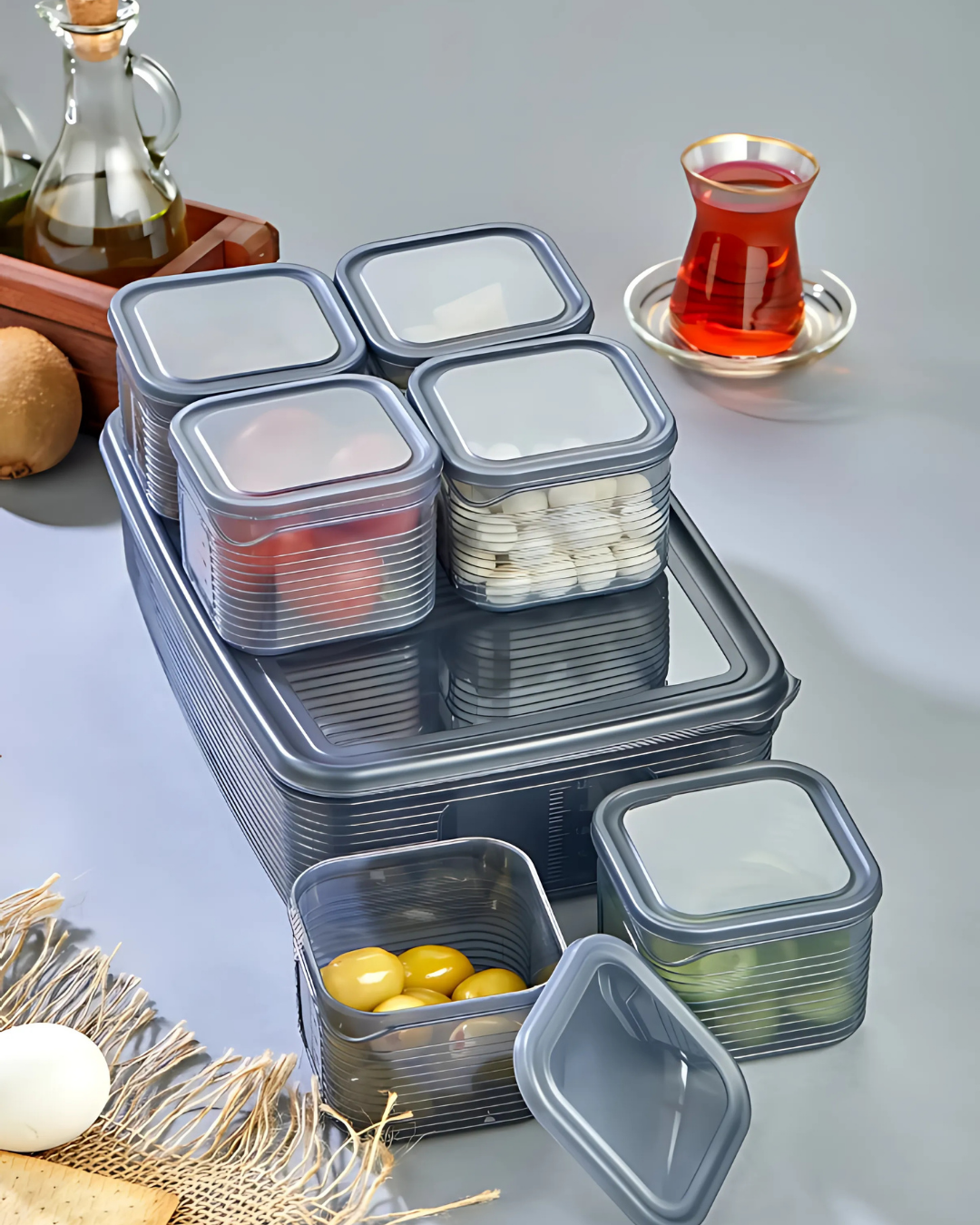 Stile Cucina 6'lı Kare Bölmeli Kapaklı Çizgili Vakumlu Kahvaltılık Seti (1×3,5 lt)+(6×350 ml)
