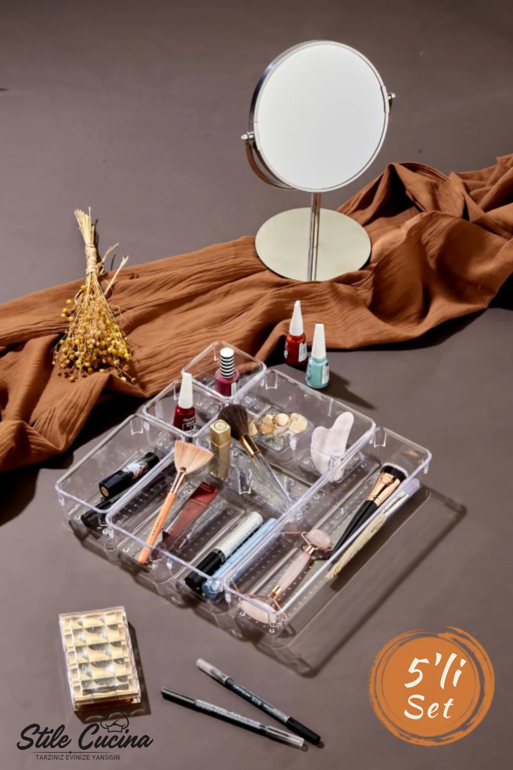 Stile Cucina 5 Parça Ayarlanabilir Çekmece İçi Düzenleyici Makyaj Ve Takı Organizeri Şeffaf