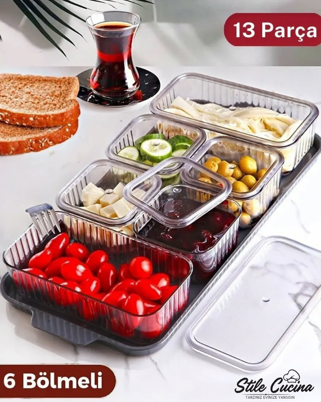 Stile Cucina 6'lı Dikdörtgen Bölmeli Kapaklı Kahvaltılık Seti Akrilik