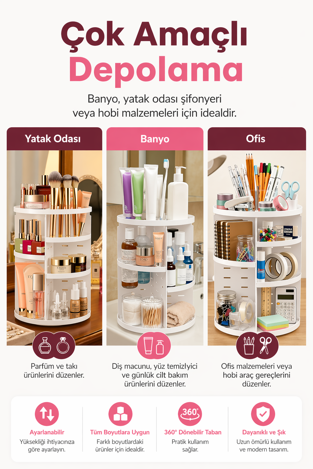 Stile Cucina 360 Derece Dönebilen Makyaj Organizeri Beyaz