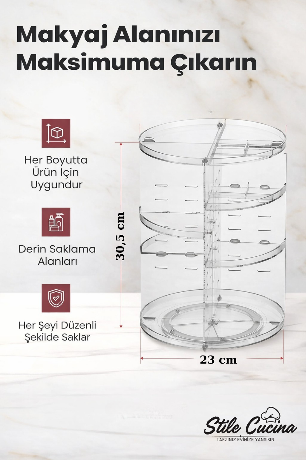 Stile Cucina 360 Derece Dönebilen Makyaj Organizeri Şeffaf
