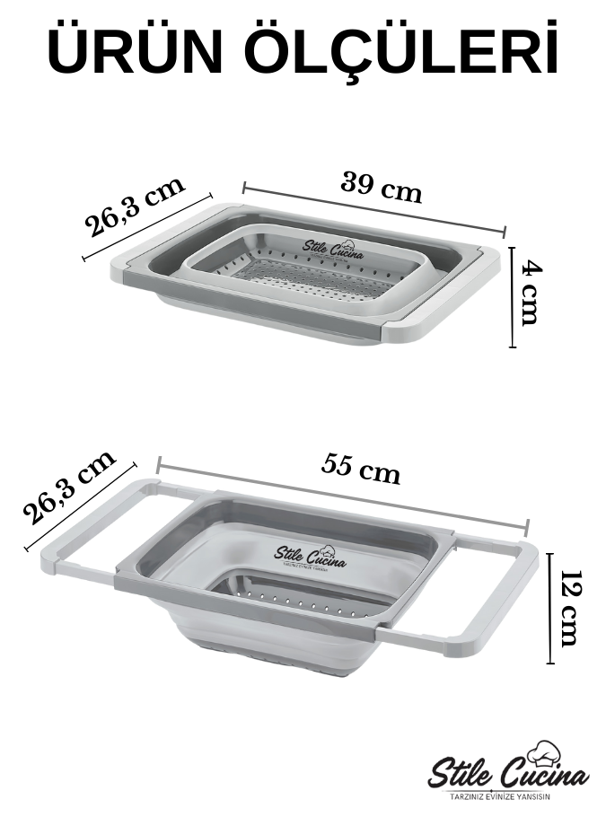 Stile Cucina Silikon Büyük Boy Akordiyon Katlanabilir Lavabo Süzgeci - Evye Üstüne Asılabilen Kollu Süzgeç 5,5lt