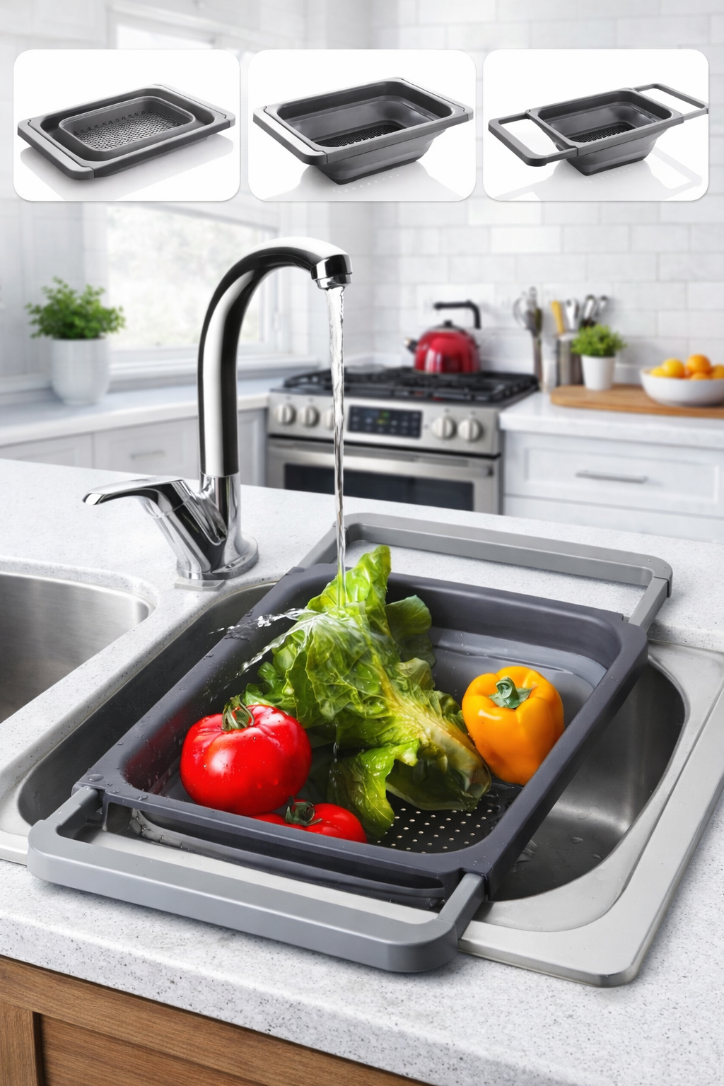 Stile Cucina Silikon Büyük Boy Akordiyon Katlanabilir Lavabo Süzgeci - Evye Üstüne Asılabilen Kollu Süzgeç 5,5lt