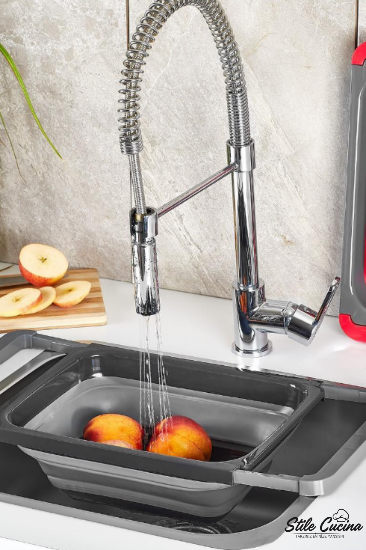 Stile Cucina Silikon Büyük Boy Akordiyon Katlanabilir Lavabo Süzgeci - Evye Üstüne Asılabilen Kollu Süzgeç 5,5lt
