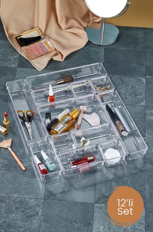 Stile Cucina 12 Parça Ayarlanabilir Çekmece İçi Düzenleyici Makyaj Ve Takı Organizeri Şeffaf