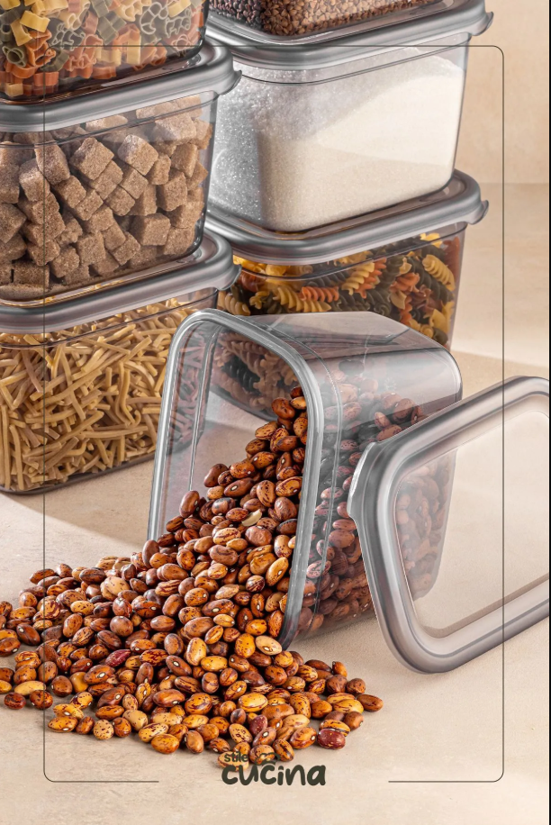 Stile Cucina Büyük Boy Plastik Kapak Dikdörtgen Saklama Kabı Seti Etiketli 1300 ml Antrasit