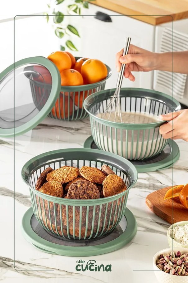 Stile Cucina Linea 3 Adet 3 Litre Yuvarlak Sızdırmaz Çerez & Meyve & Bakliyat Saklama Kabı Yeşil
