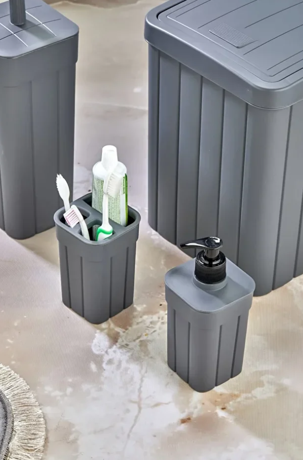 Stile Cucina Trend Lüx Fitil Çizgili Desenli Banyo Çöp Kutusu - WC Tuvalet Fırçası - Sabunluk - Diş Fırçalık Antrasit