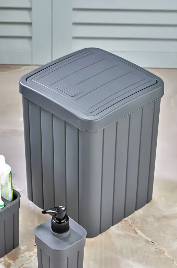 Stile Cucina Trend Lüx Fitil Çizgili Desenli Banyo Çöp Kutusu - WC Tuvalet Fırçası - Sabunluk - Diş Fırçalık Antrasit