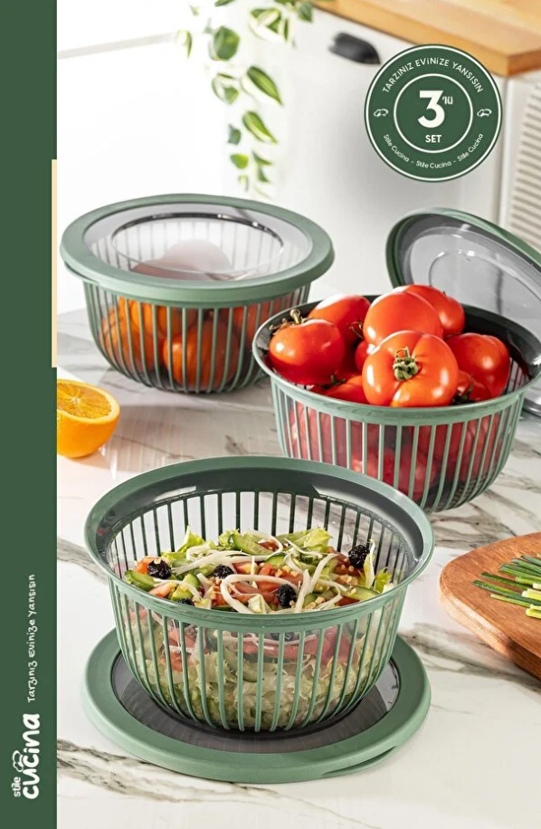 Stile Cucina Linea 3 Adet 3 Litre Yuvarlak Sızdırmaz Çerez & Meyve & Bakliyat Saklama Kabı Yeşil