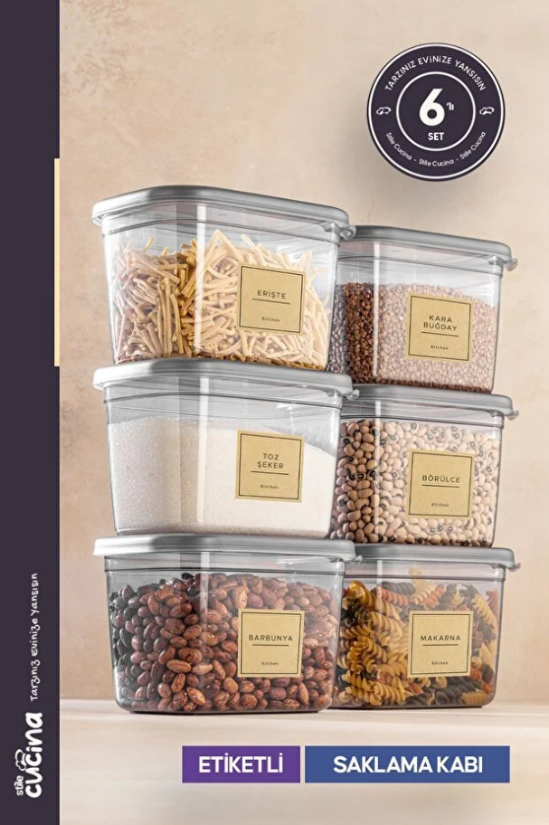 Stile Cucina Büyük Boy Plastik Kapak Dikdörtgen Saklama Kabı Seti Etiketli 1300 ml Antrasit