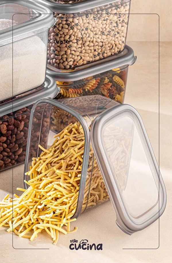 Büyük Boy Plastik Kapak Dikdörtgen Saklama Kabı Seti Etiketli 800 ml Antrasit
