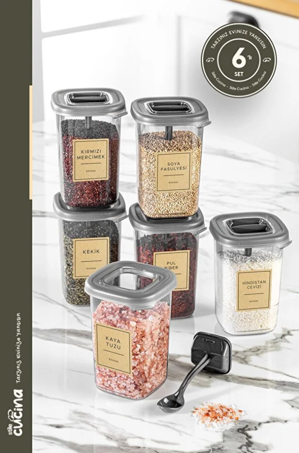Stile Cucina Alessi Kendinden Kaşıklı Etiketli Baharatlık Seti 450 Ml Antrasit