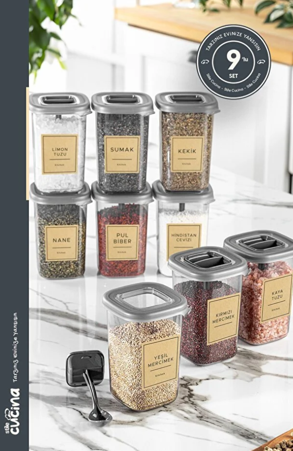 Stile Cucina Alessi Kendinden Kaşıklı Etiketli Baharatlık Seti 450 Ml Antrasit