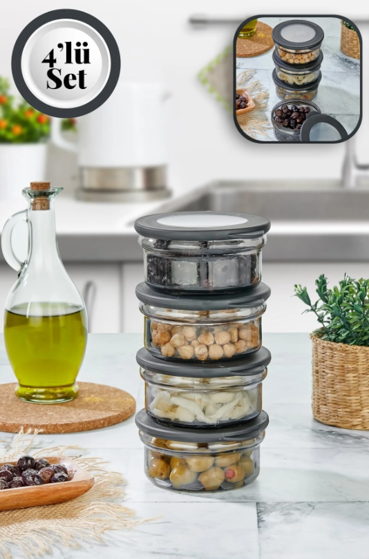 Stile Cucina 4 Adet Siyah Silikon Kapak Cam İnci Saklama Kabı 415 ml