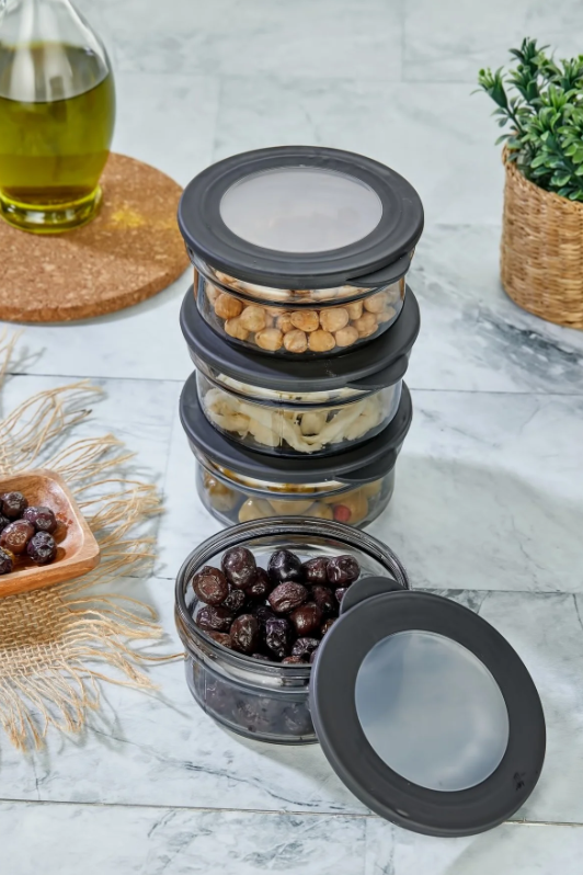 Stile Cucina 4 Adet Siyah Silikon Kapak Cam İnci Saklama Kabı 415 ml