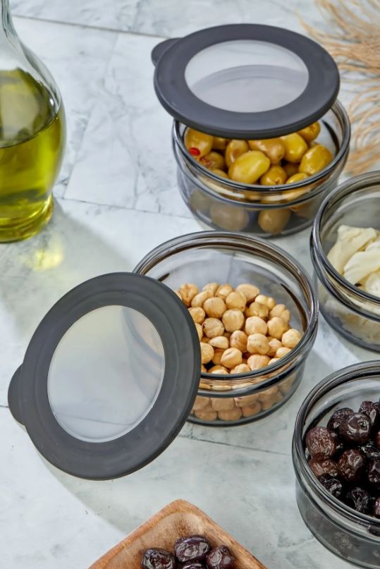 Stile Cucina 4 Adet Siyah Silikon Kapak Cam İnci Saklama Kabı 415 ml