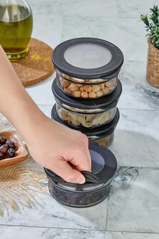 Stile Cucina 4 Adet Siyah Silikon Kapak Cam İnci Saklama Kabı 415 ml