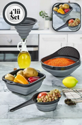 Stile Cucina 4'lü Akordiyon Katlanır Süzgeç Seti - Mutfak Çeyiz Seti (Akordeon Saplı Pirinç Süzgeci Huni Gri)