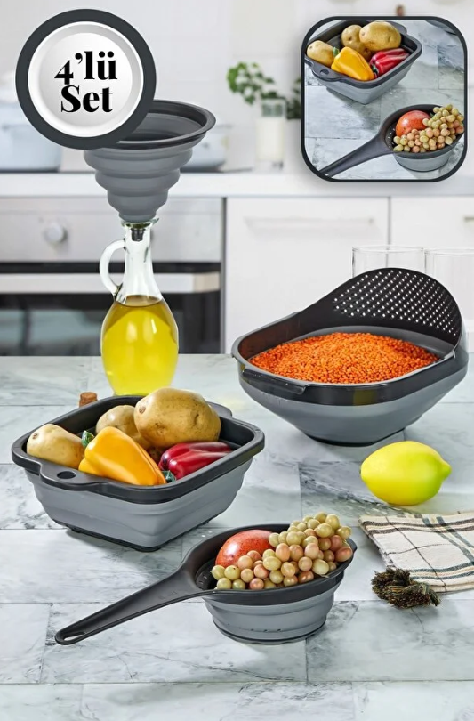 Stile Cucina 4'lü Akordiyon Katlanır Süzgeç Seti - Mutfak Çeyiz Seti (Akordeon Saplı Pirinç Süzgeci Huni Gri)
