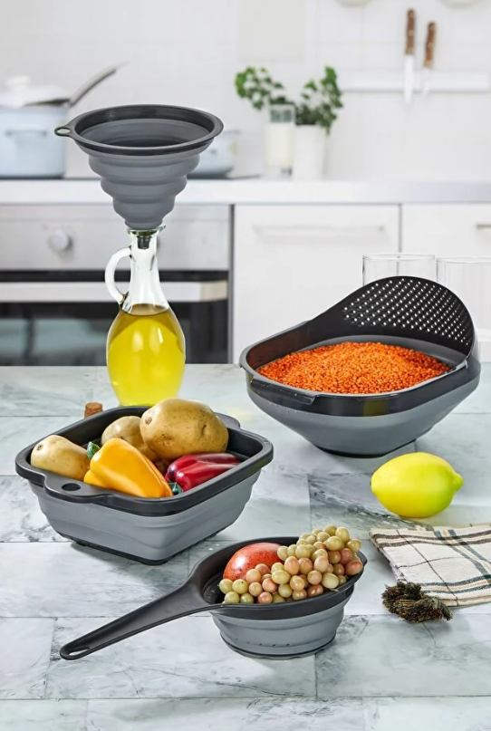 Stile Cucina 4'lü Akordiyon Katlanır Süzgeç Seti - Mutfak Çeyiz Seti (Akordeon Saplı Pirinç Süzgeci Huni Gri)