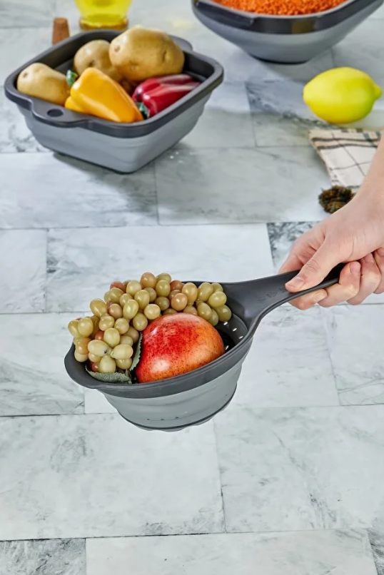 Stile Cucina 4'lü Akordiyon Katlanır Süzgeç Seti - Mutfak Çeyiz Seti (Akordeon Saplı Pirinç Süzgeci Huni Gri)