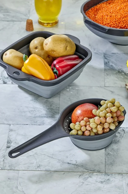 Stile Cucina 4'lü Akordiyon Katlanır Süzgeç Seti - Mutfak Çeyiz Seti (Akordeon Saplı Pirinç Süzgeci Huni Gri)