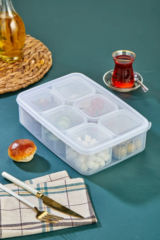 Stile Cucina 6'lı Kare Bölmeli Kapaklı Çizgili Vakumlu Kahvaltılık Seti (1×3,5 lt)+(6×350 ml)