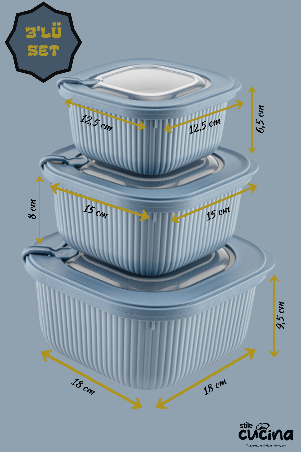 Stile Cucina 3lü Mikrodalga Ve Difriz Kullanımına Uygun Vakumlu Sızdırmaz Saklama Kabı Seti 600-1100-1800 Ml