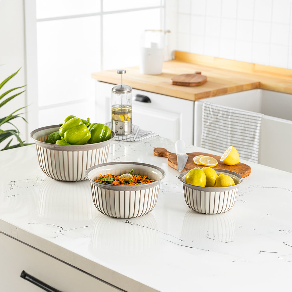 Stile Cucina 3lü Ekonomik Linea Yuvarlak Kase Seti Bej 3X (1 Litre- 2 Litre- 3 Litre)