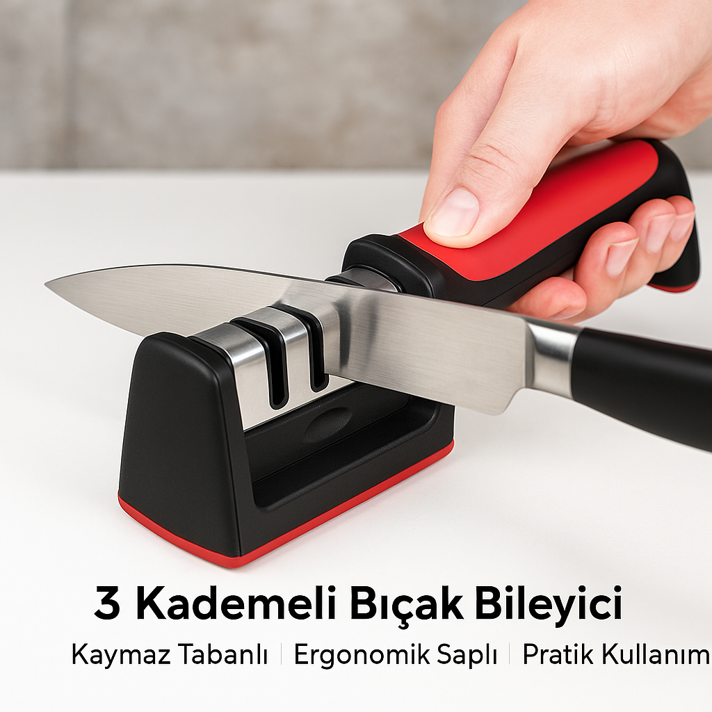 Stile Cucina 3 Açılı Profesyonel Bıçak Bileyici – Elmas Seramik Tungsten Çelik El Bıçakları Bileme Kırmızı Siyah