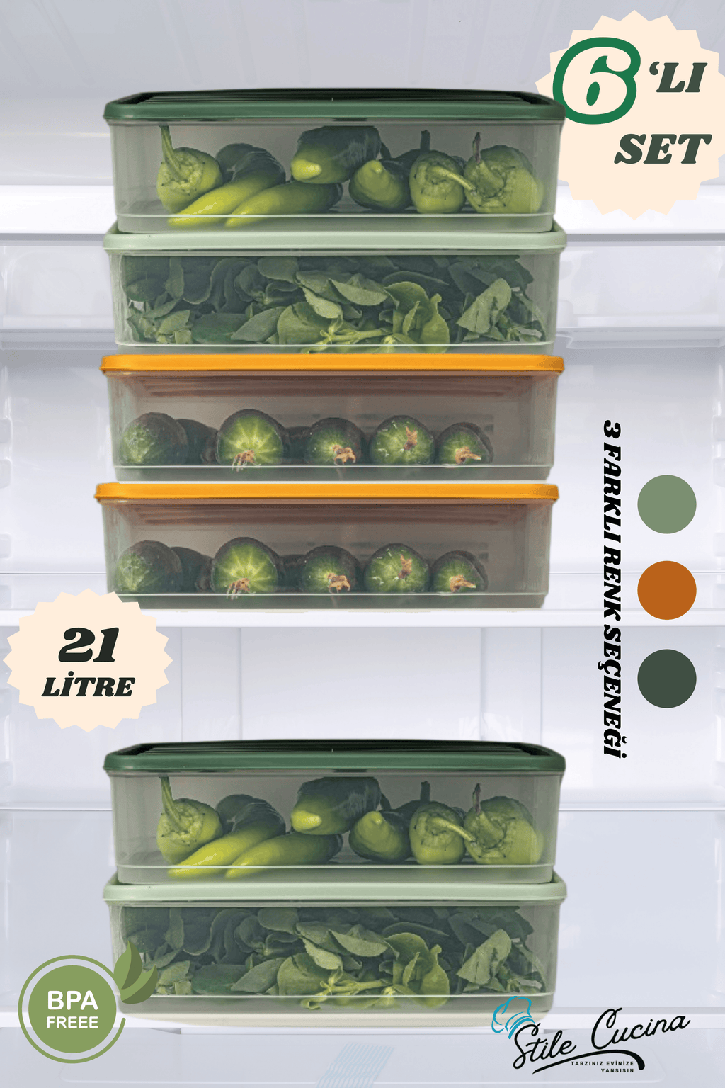 Stile Cucina 6'lı Renkli Büyük Boy Buzdolabı Dondurucu Organizer Ve Saklama Kabı Seti 6x(3,5 Litre)
