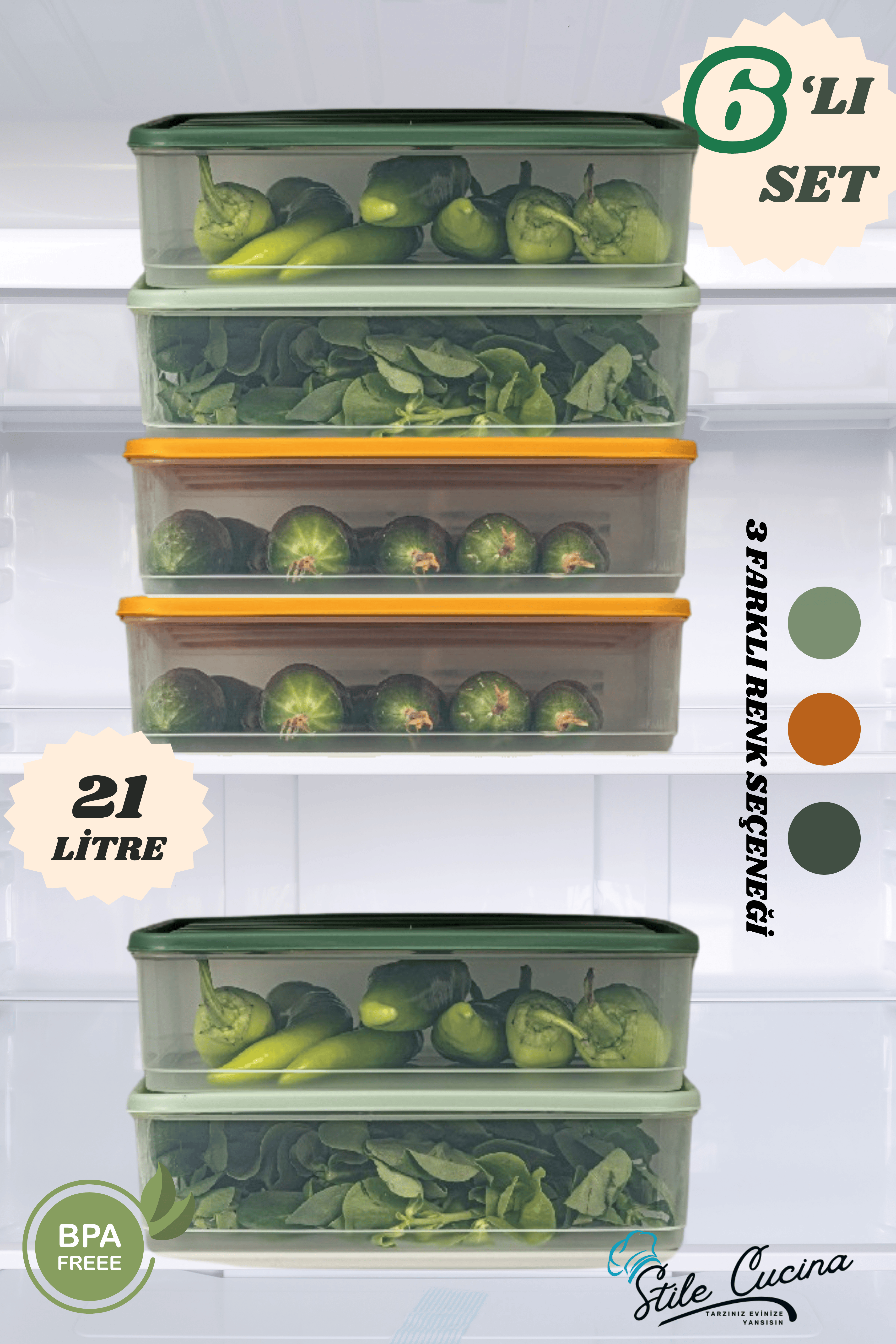 Stile Cucina 6'lı Renkli Büyük Boy Buzdolabı Dondurucu Organizer Ve Saklama Kabı Seti 6x(3,5 Litre)