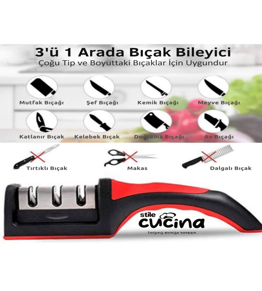 Stile Cucina 3 Açılı Profesyonel Bıçak Bileyici – Elmas Seramik Tungsten Çelik El Bıçakları Bileme Kırmızı Siyah