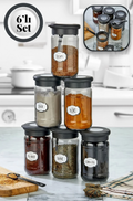 Stile Cucina 6'lı Silikon Kapak Kaşıklı Ve Etiketli Baharatlık Seti 380 Ml Cam Baharat Takımı Siyah
