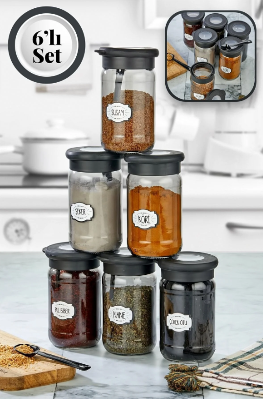 Stile Cucina 6'lı Silikon Kapak Kaşıklı Ve Etiketli Baharatlık Seti 380 Ml Cam Baharat Takımı Siyah