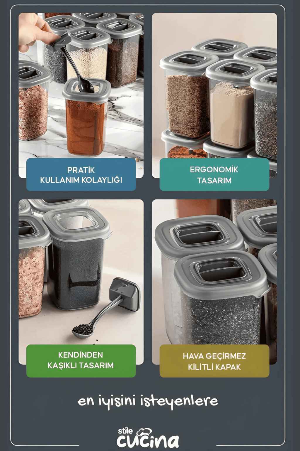 Stile Cucina Alessi Kendinden Kaşıklı Etiketli Baharatlık Seti 450 Ml Antrasit