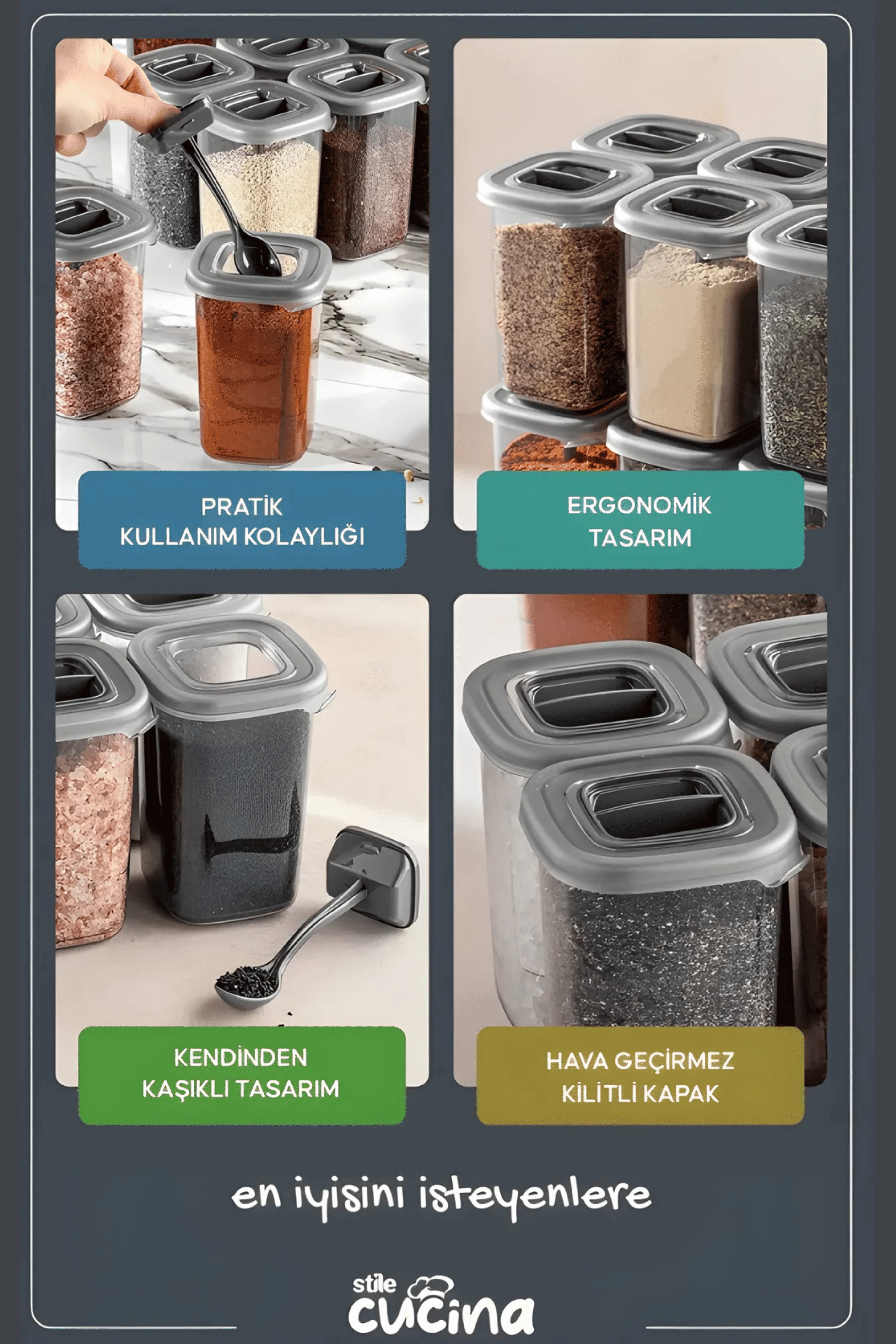 Stile Cucina Alessi Kendinden Kaşıklı Etiketli Baharatlık Seti 450 Ml Antrasit