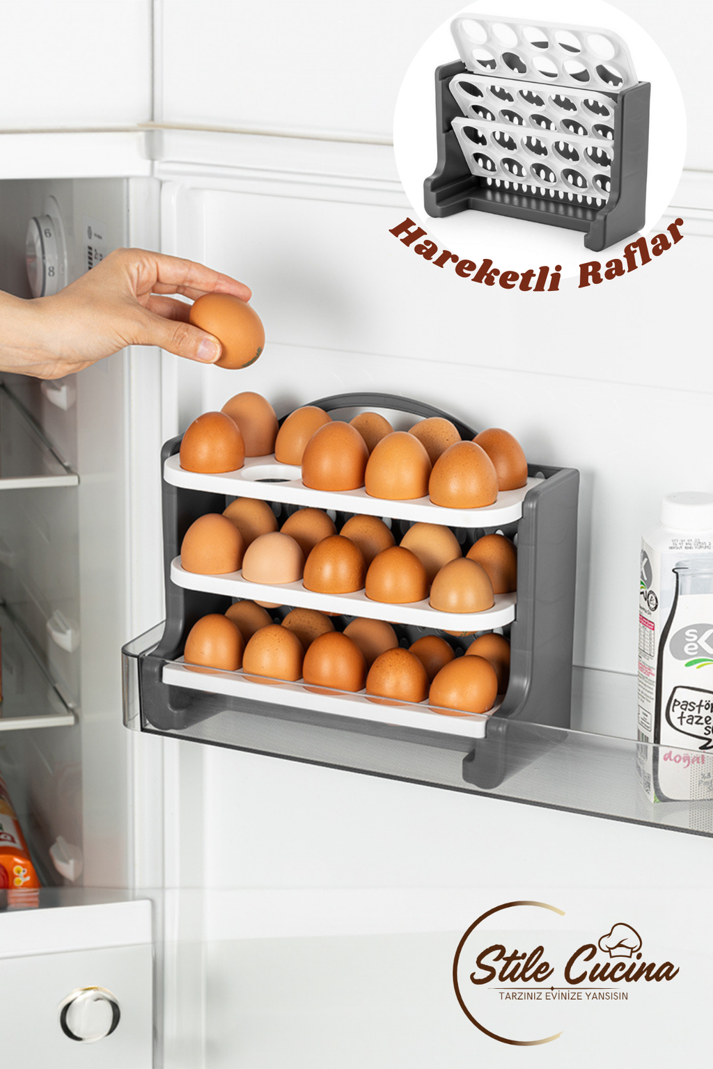 Stile Cucina 30 Bölmeli Yumurtalık - 3 Katlı Yumurta Rafı Saklama Kabı Beyaz-Antrasit